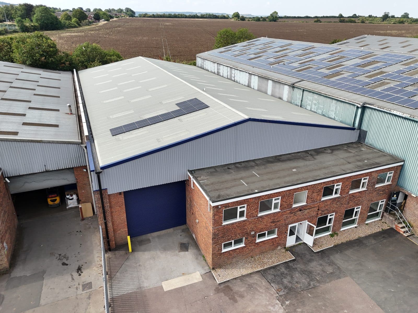 Aerial drone view of the commercial and industrial unit in Dunstable, Bedfordshire